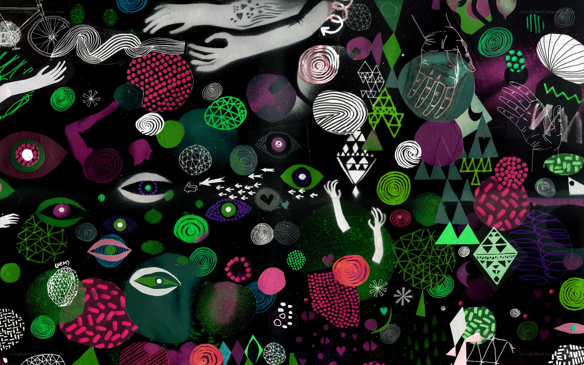abstract collage with eyes and hands