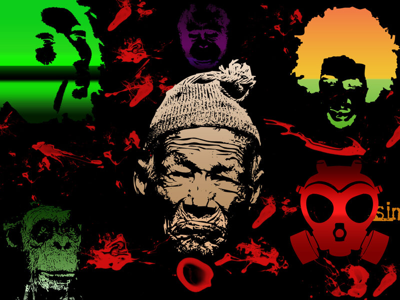 abstract collage with faces and gas mask