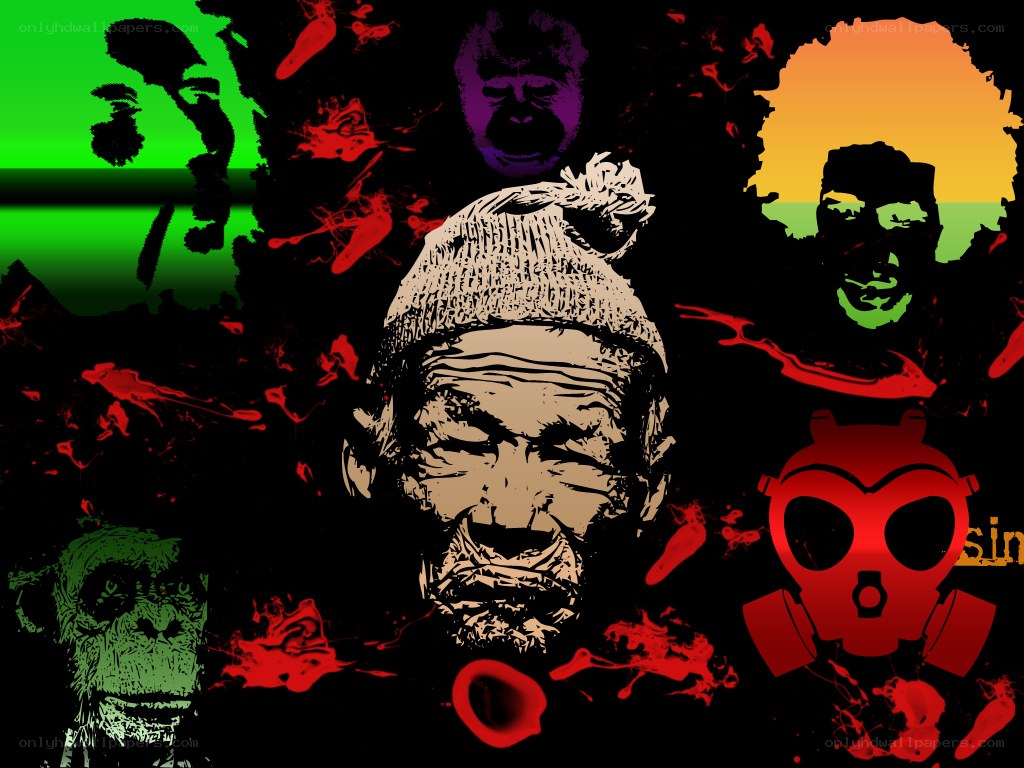abstract collage with faces and gas mask