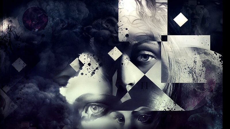 abstract collage with faces and splatters