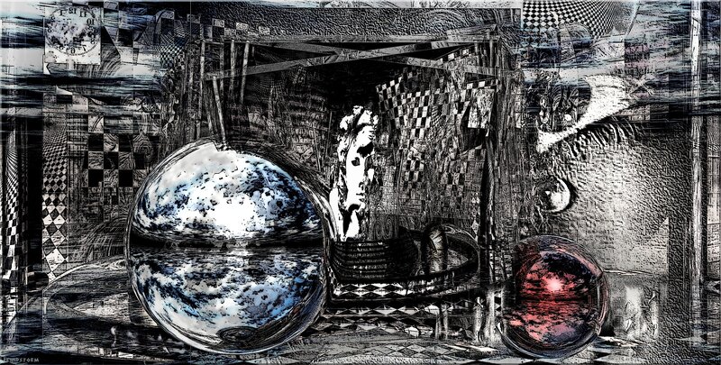 abstract collage with reflective spheres
