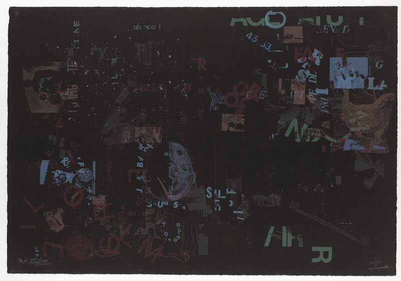 Abstract collage with text and graphics