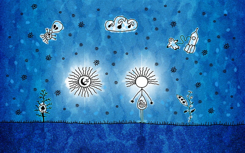 abstract cosmic scene with figures