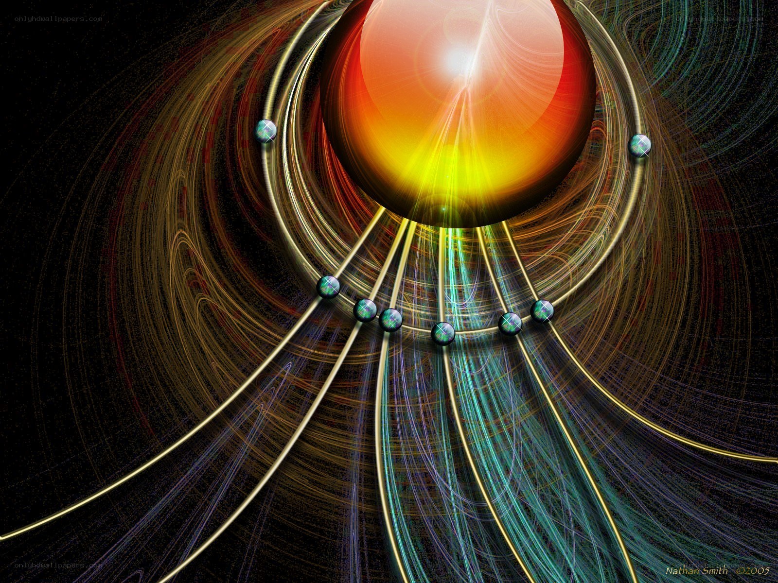 Abstract cosmic sphere with orbiting particles