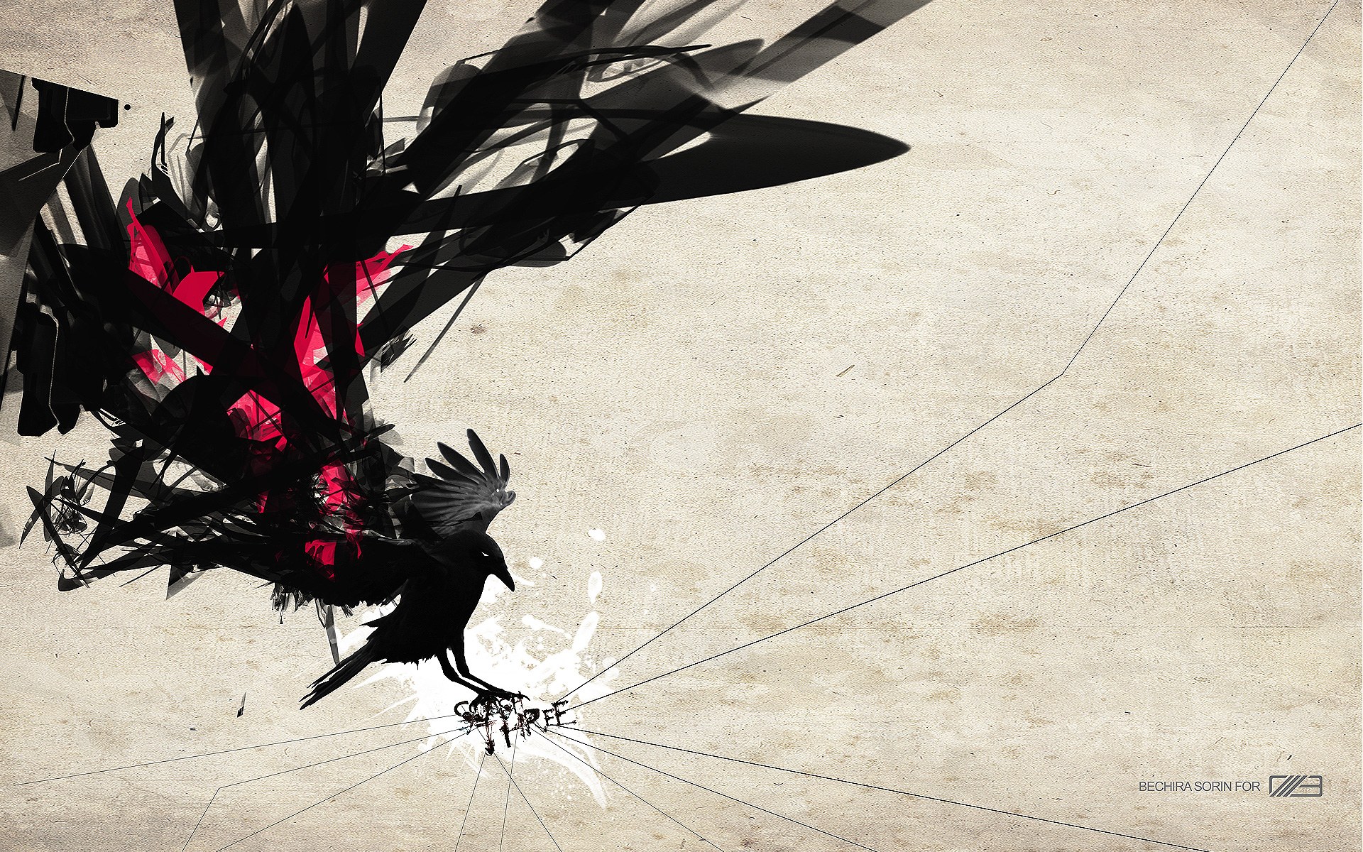 abstract crow with red accents