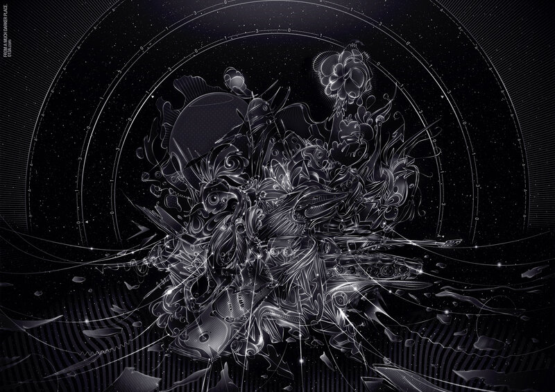 Abstract digital art with floral and mechanical elements