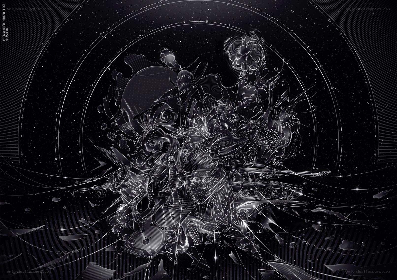 Abstract digital art with floral and mechanical elements