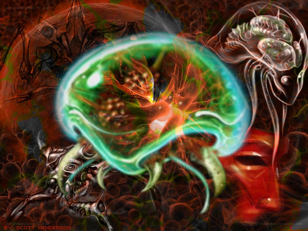 Abstract digital art with glowing brain