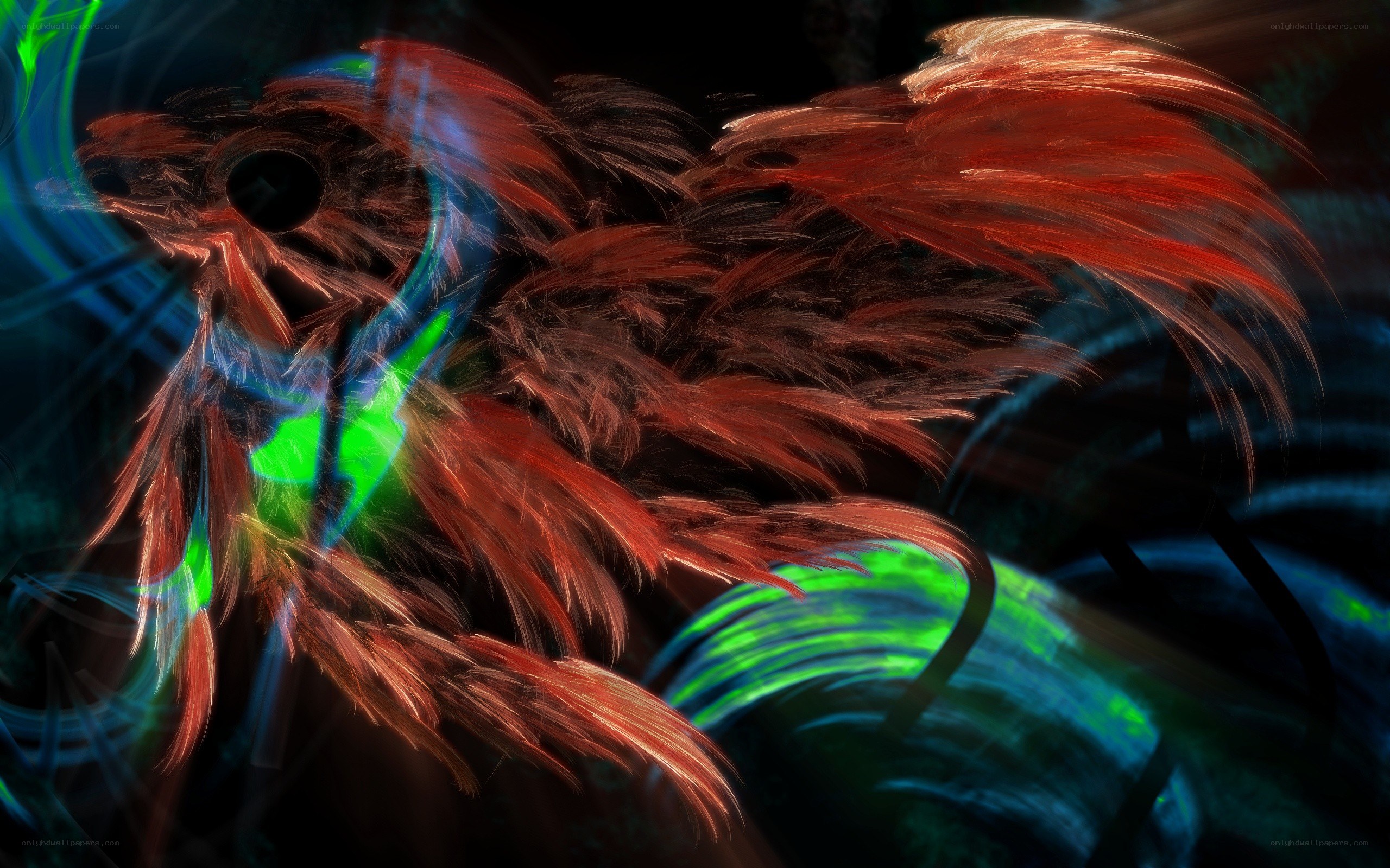 Abstract digital art with glowing feathers