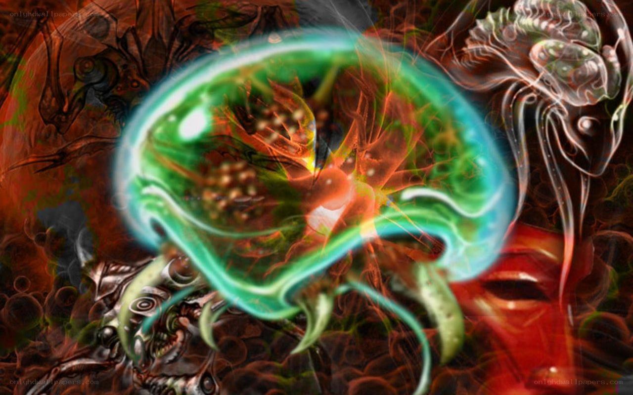 abstract digital art with glowing green orb