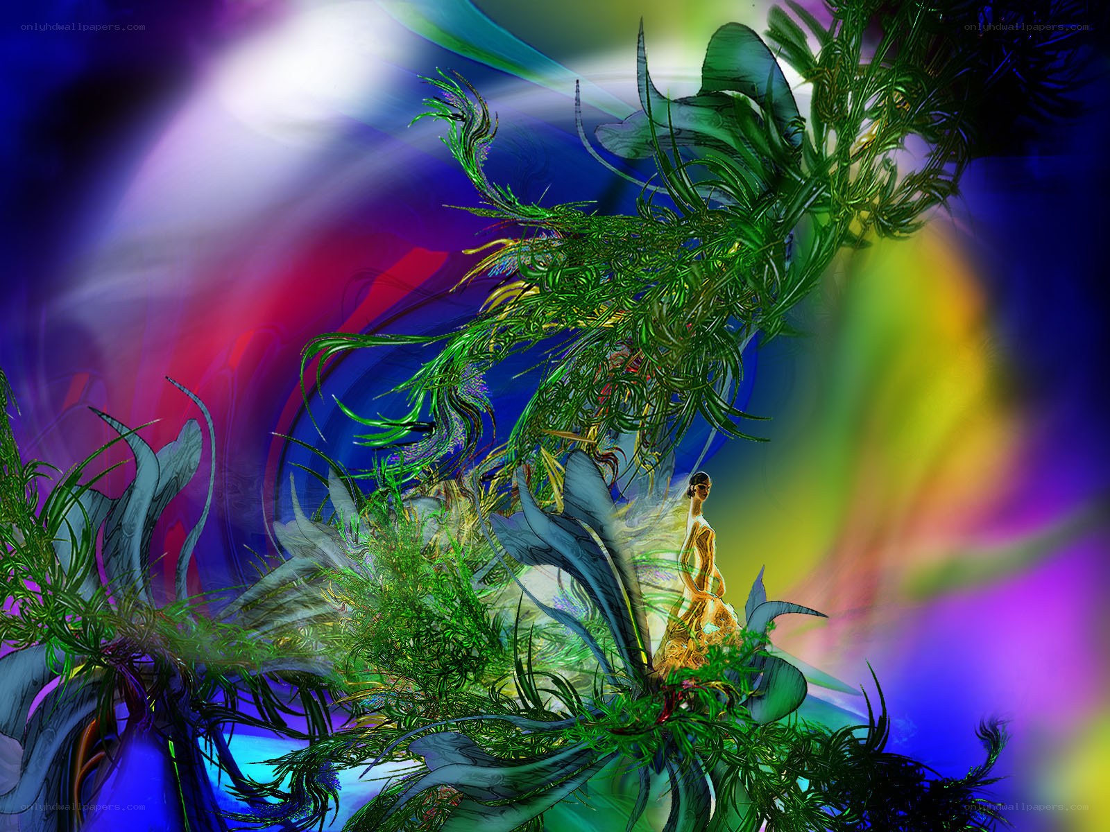 Abstract digital art with golden figure