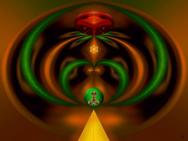 Abstract digital art with green and red swirls