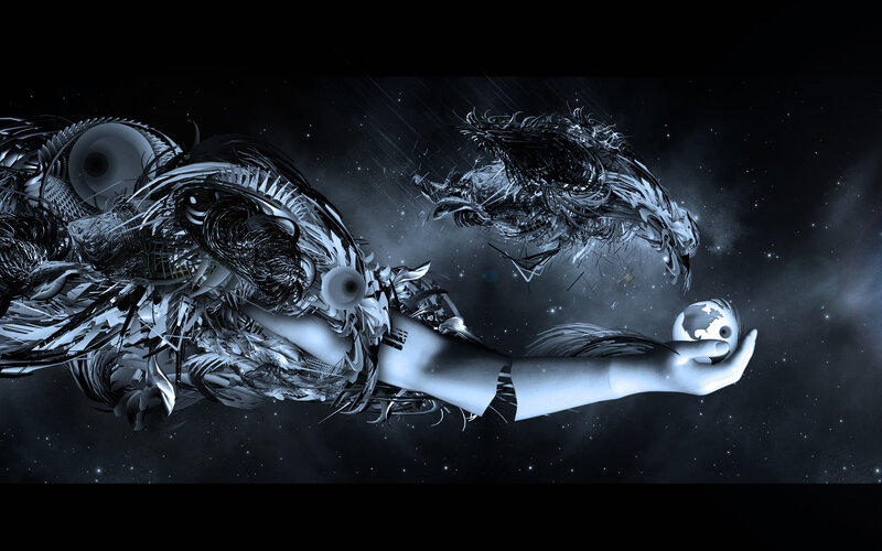 abstract digital art with hand and globe
