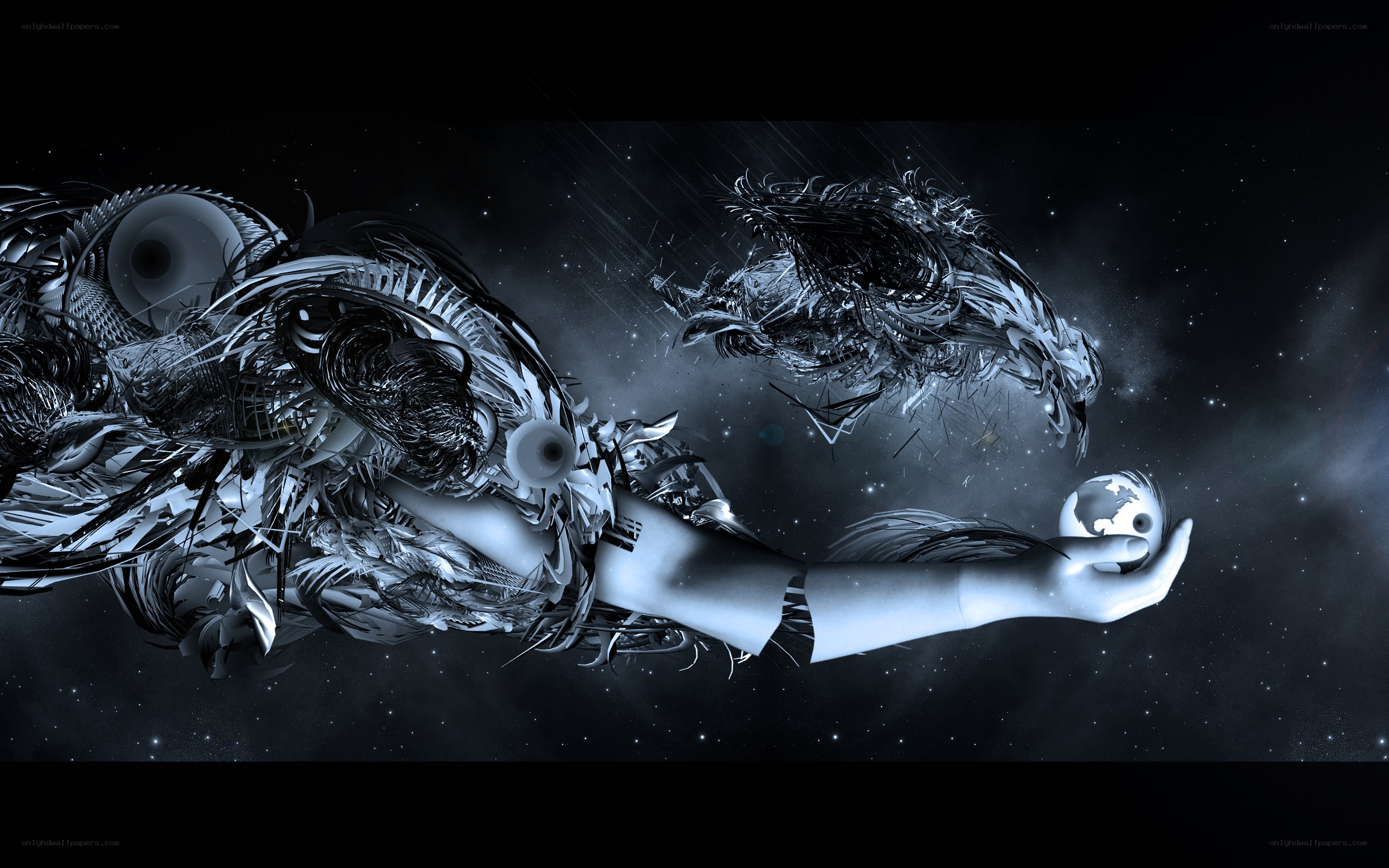 abstract digital art with hand and globe