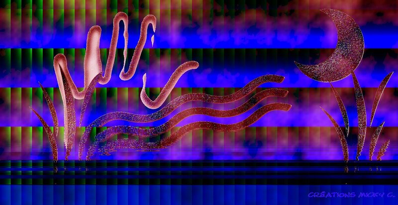 Abstract digital art with moon and waves