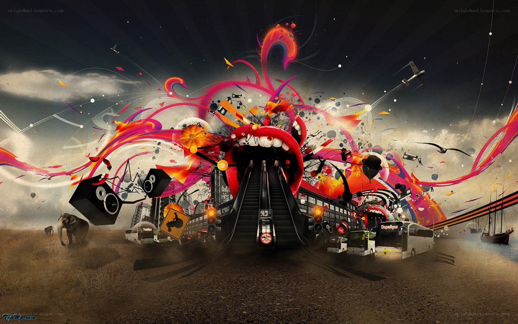 abstract digital art with mouth and city elements