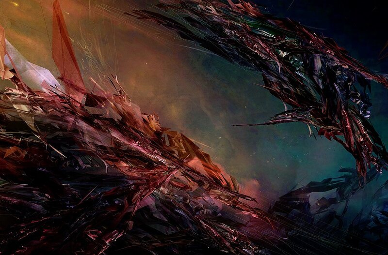 Abstract digital art with red and black fragments