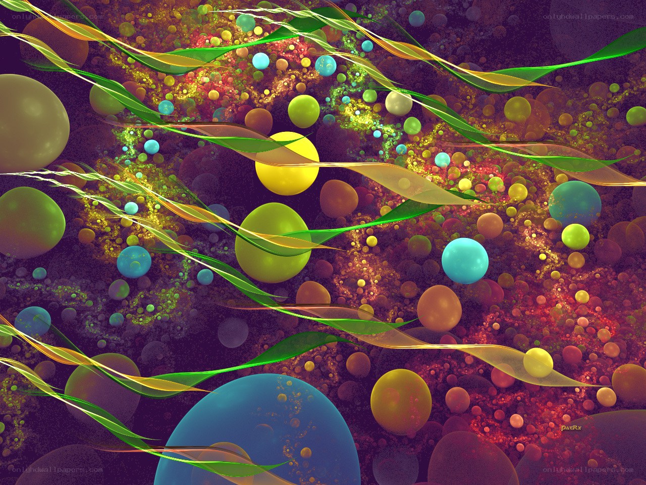 Abstract digital art with ribbons and spheres
