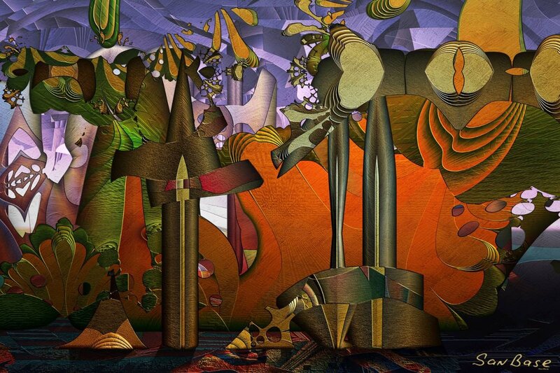 Abstract digital art with swords