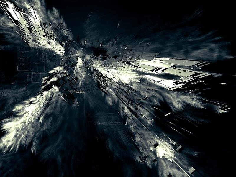 Abstract Digital Explosion — Black, Dramatic, Digital Art, Debris, Light