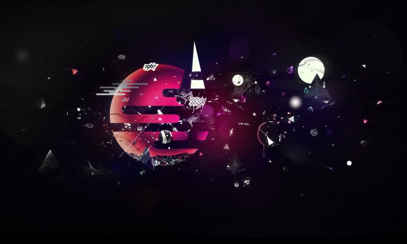 Abstract Digital Explosion — Black, Dramatic, Digital Art, Geometric Shapes, Glowing Particles, Text
