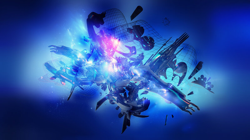 Abstract Digital Explosion — Blue, Dramatic, Digital Art, Glowing Light, Wireframe Mesh, Shards, Purple