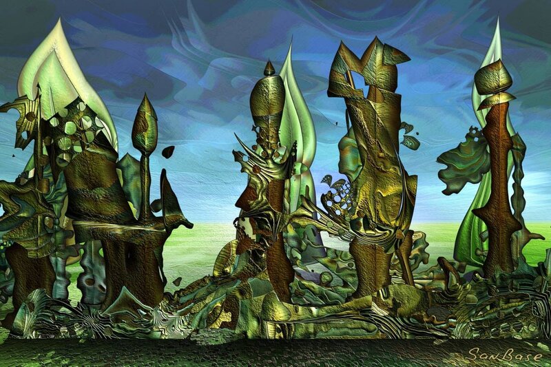 Abstract digital landscape with golden structures