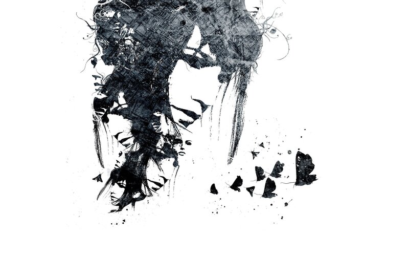 Abstract Face with Butterflies — Black