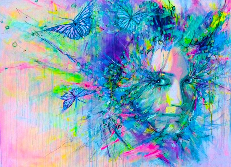 Abstract Face with Butterflies — Blue