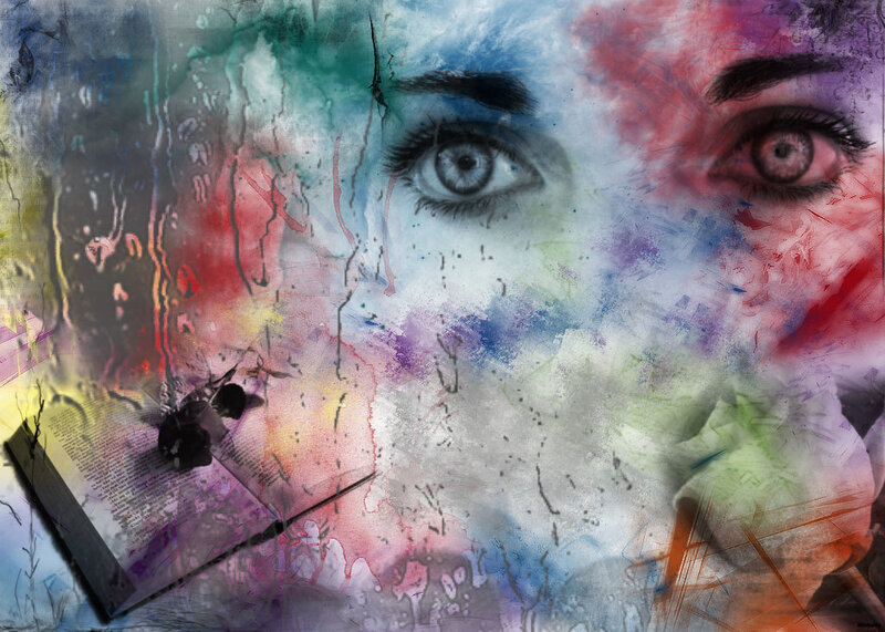 Abstract Face with Eyes — Blue