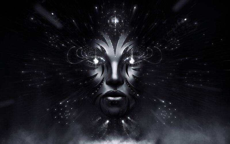 Abstract Face with Glowing Eyes — Black