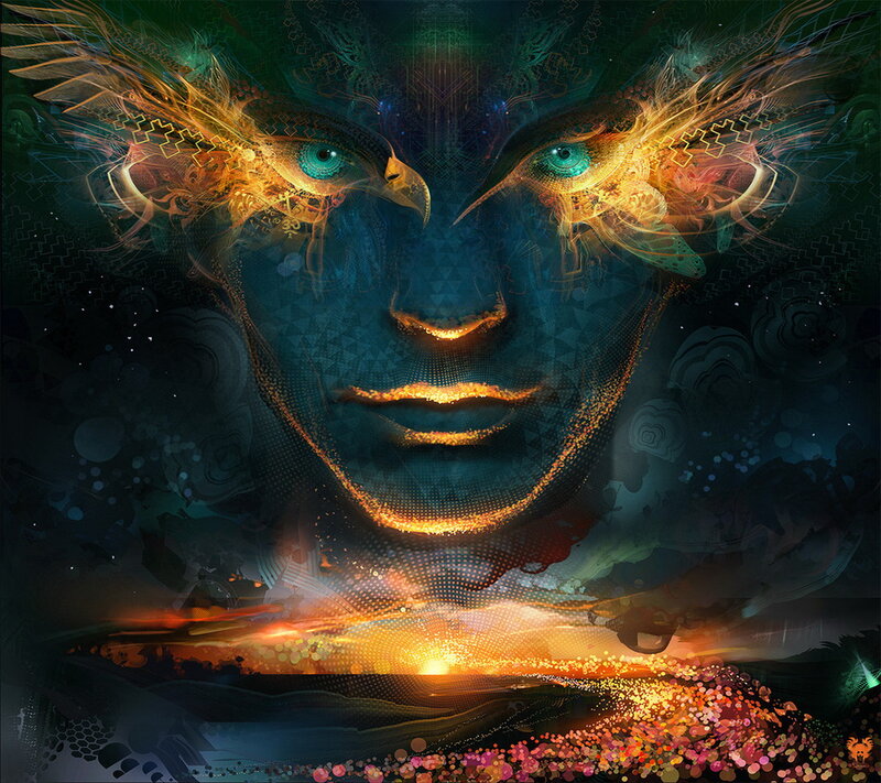 Abstract Face with Glowing Eyes — Blue