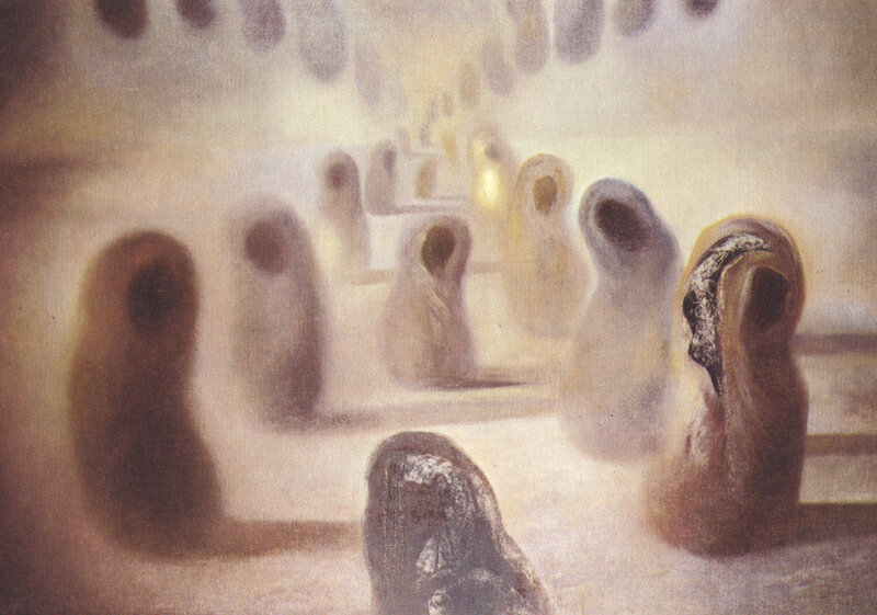 Abstract figures in a misty hall
