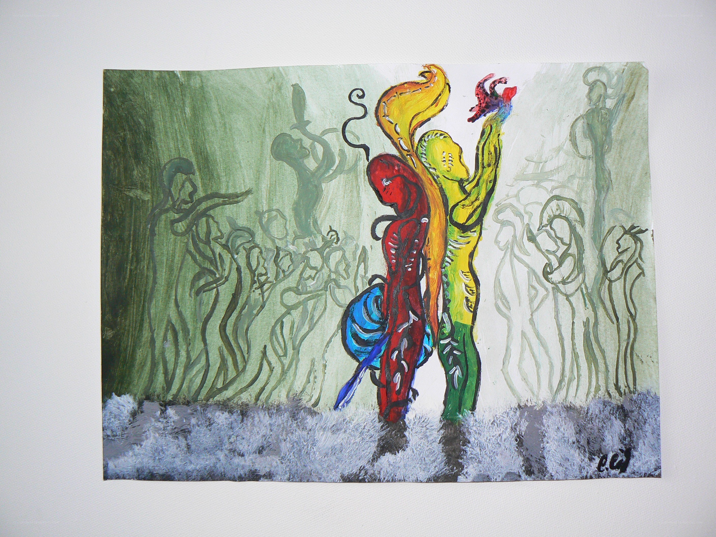 abstract figures in green landscape