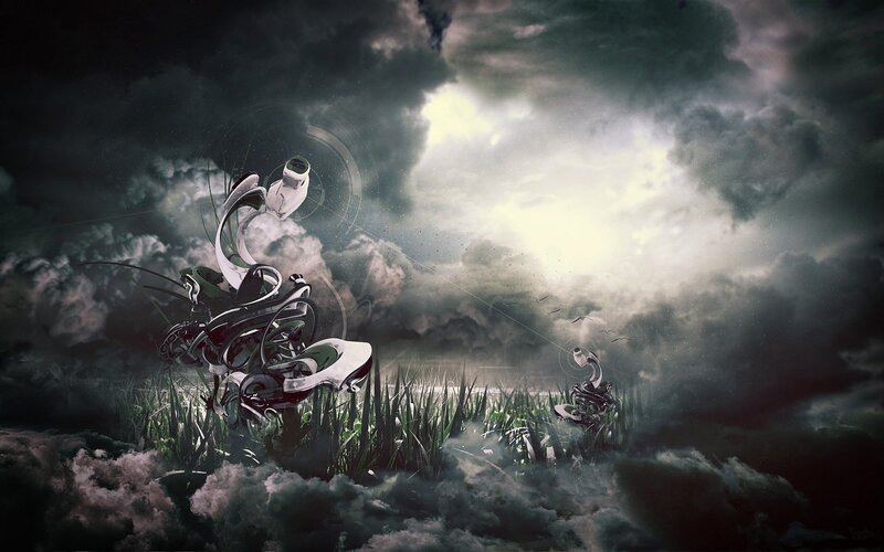 abstract figures in stormy sky