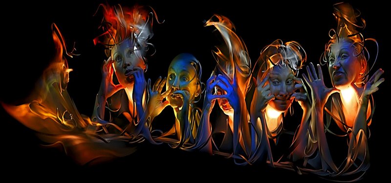 Abstract figures with glowing faces
