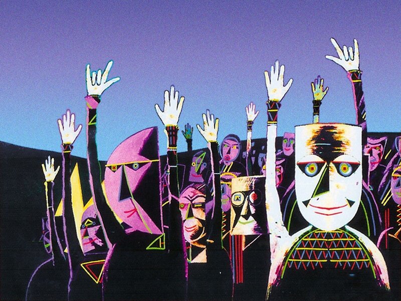 Abstract figures with raised hands