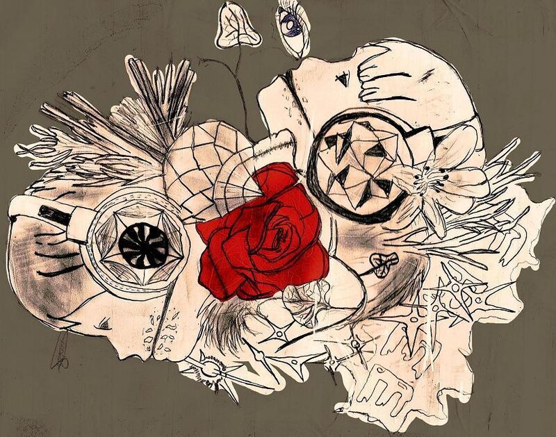 abstract floral and mechanical collage