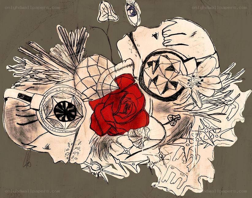 abstract floral and mechanical collage
