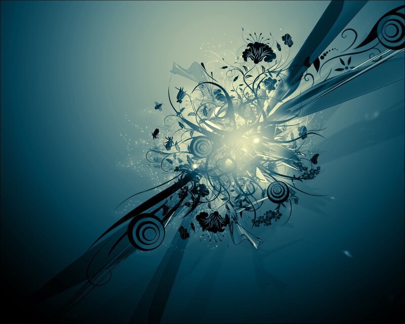 Abstract Floral Design — Blue, Dramatic, Digital Art, Flowers, Butterflies