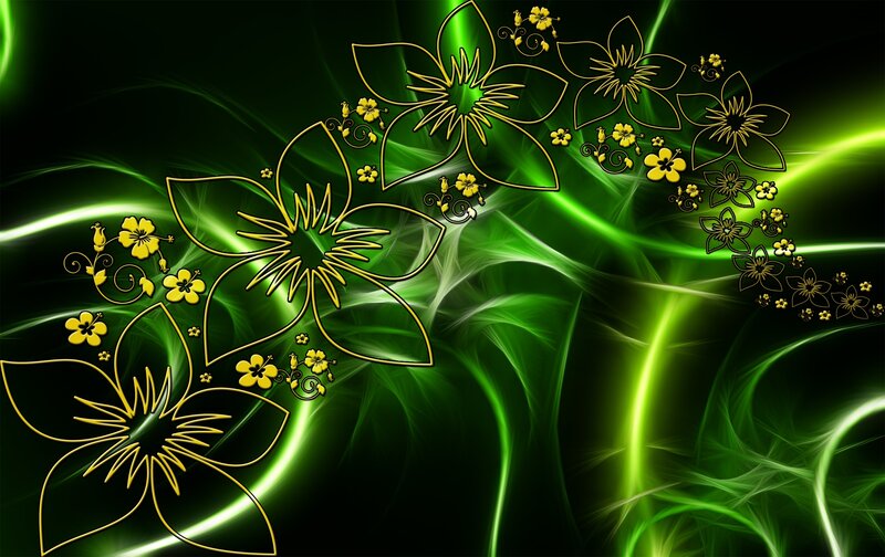 Abstract Floral Design — Green, Dynamic, Digital Art, Flowers