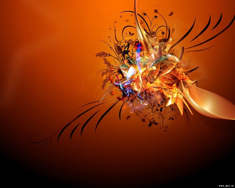 Abstract Floral Design — Orange, Dramatic, Digital Art, Flowers, Leaves, Butterflies