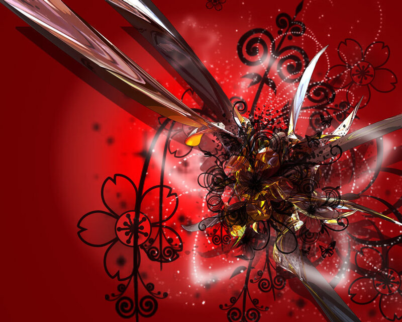 Abstract Floral Design — Red, Dramatic, Digital Art, Flowers, Swirls, Sparkles