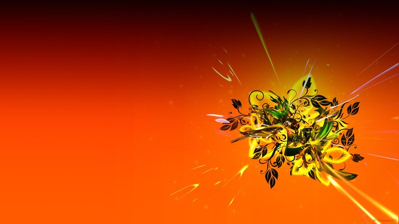 Abstract Floral Explosion — Orange, Dynamic, Digital Art, Flowers, Leaves