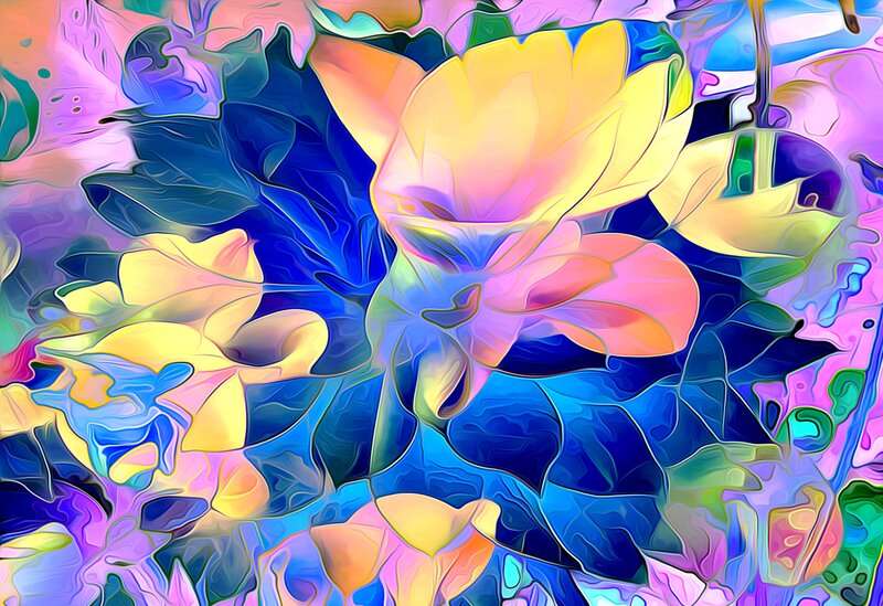 Abstract Floral Pattern — Blue, Vibrant, Digital Art, Flowers, Leaves