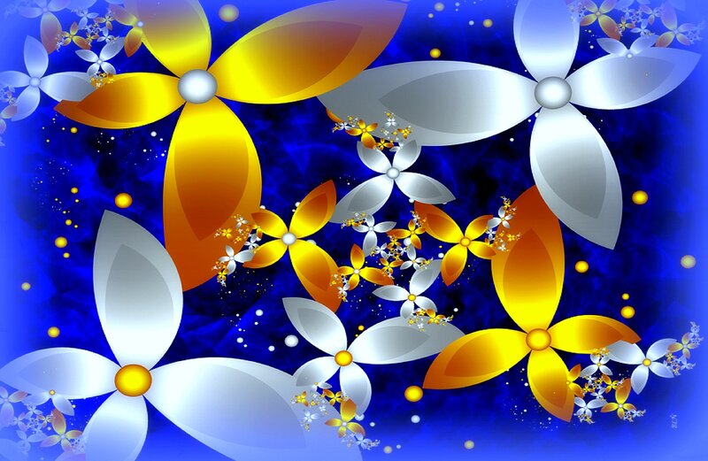 Abstract Floral Pattern — Blue, Vibrant, Digital Art, Flowers, Stars