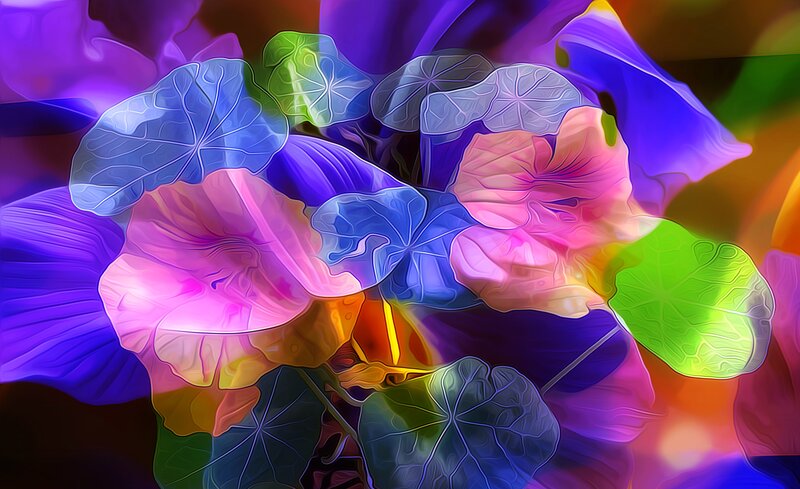 Abstract Floral Pattern — Purple, Vibrant, Digital Art, Flowers, Leaves