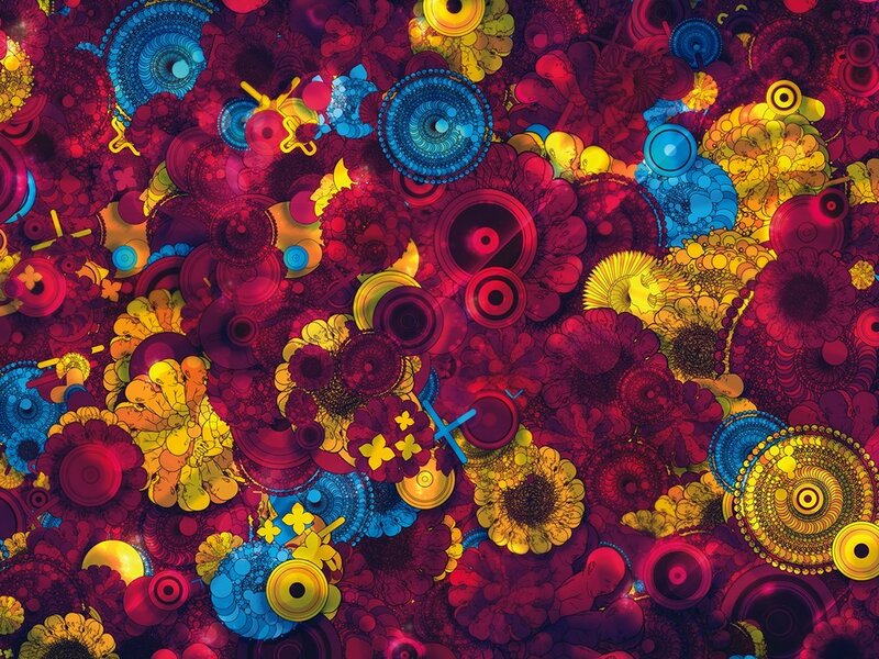 Abstract Floral Pattern — Red, Vibrant, Digital Art, Circles
