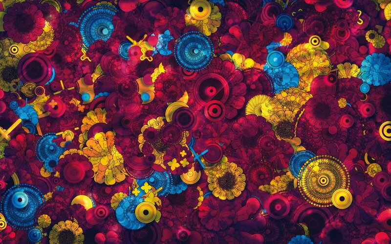 Abstract Floral Pattern — Red, Vibrant, Digital Art, Flowers, Circles