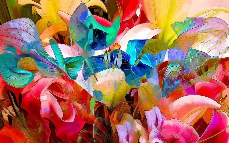 Abstract Floral Pattern — Red, Vibrant, Digital Art, Flowers, Leaves, Colors